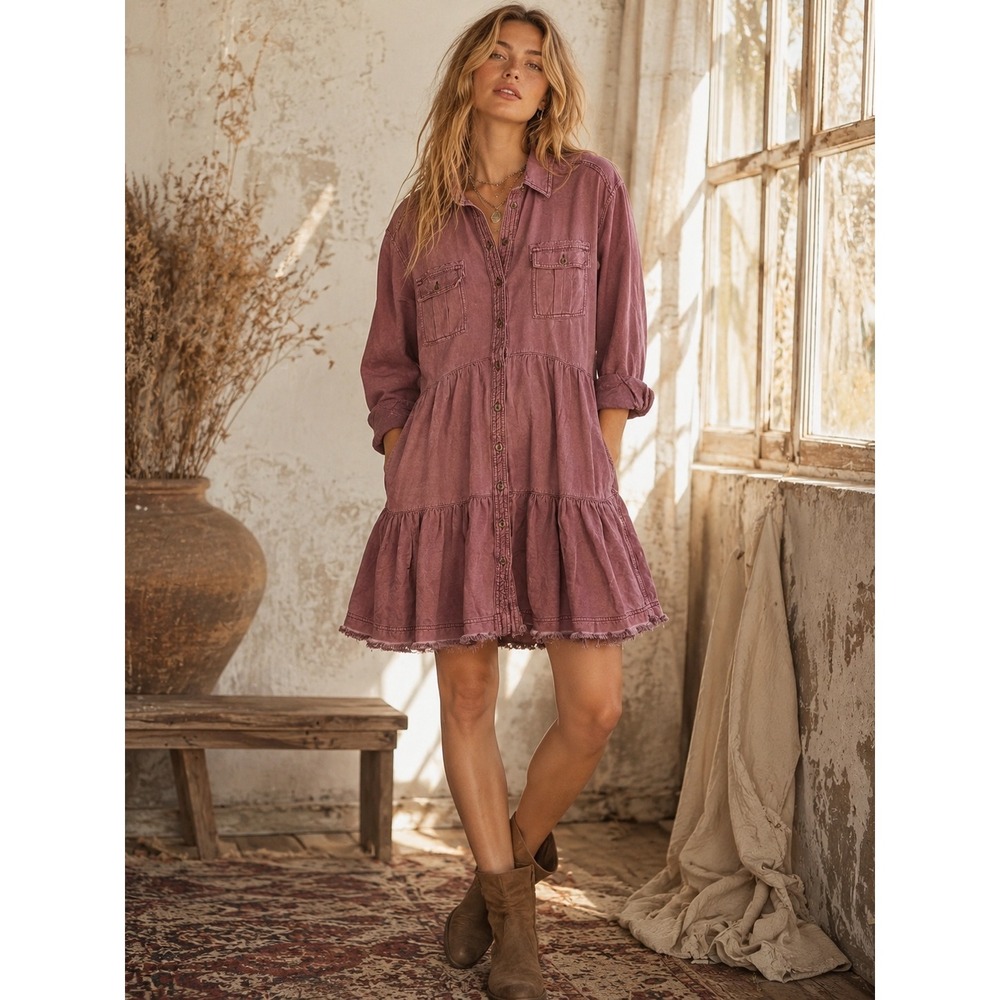 Pilcro Anthropologie Mauve Linen Blend Tiered Ruffle Shirt Dress Womens